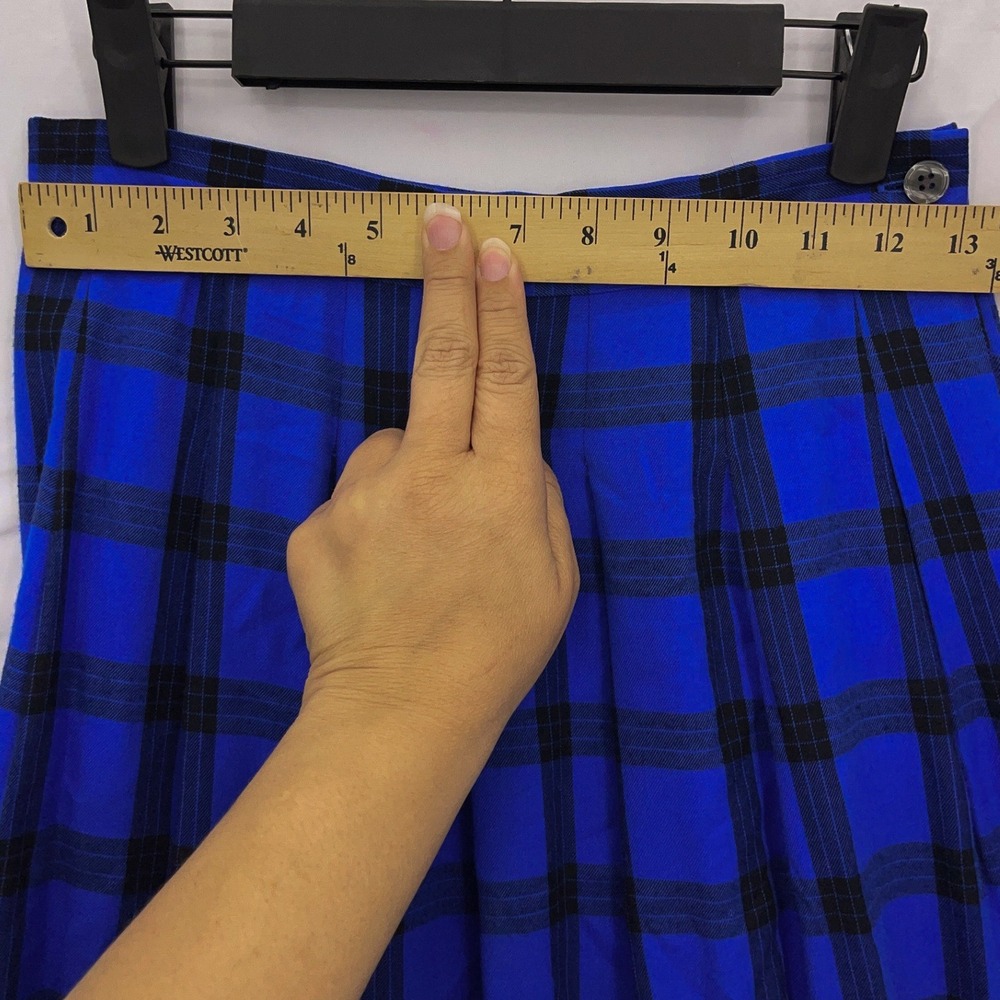 Hathaway 90s Blue Plaid Pleated Midi Skirt 8 Vintage Side Pocket - Picture 6 of 7